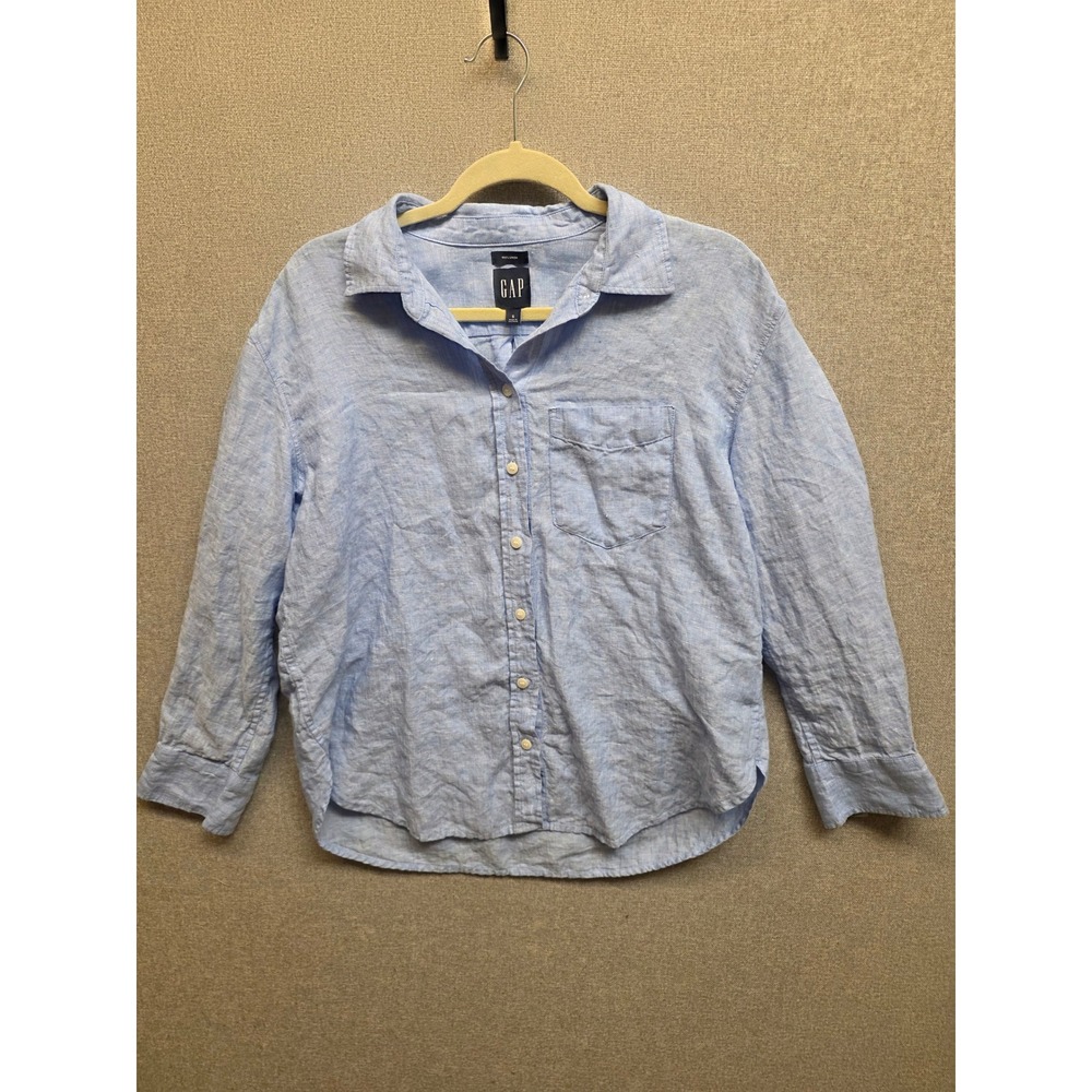 Gap Womens 100% Linen Relaxed Shirt Blue Suede Long Sleeve Button Down Small